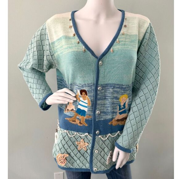 VTG Storybook Knits Button-Up Sea Sounds Sweater Cardigan Beach Scene Womens M - Picture 1 of 10